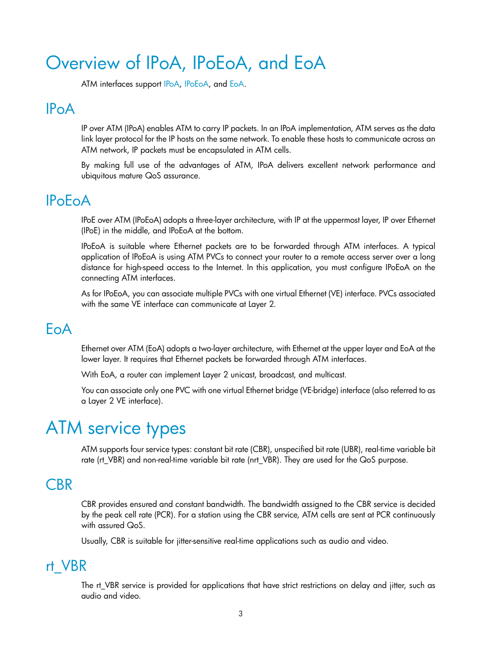 Overview of ipoa, ipoeoa, and eoa, Ipoa, Ipoeoa | Atm service types, Rt_vbr | H3C Technologies H3C SR8800 User Manual | Page 11 / 78