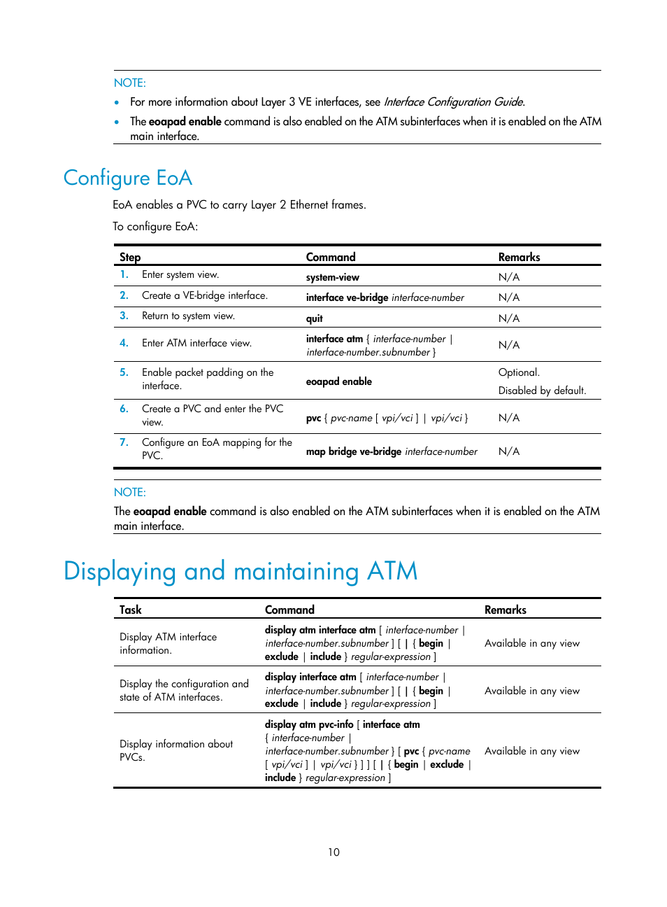 Configure eoa, Displaying and maintaining atm | H3C Technologies H3C SR8800 User Manual | Page 18 / 78
