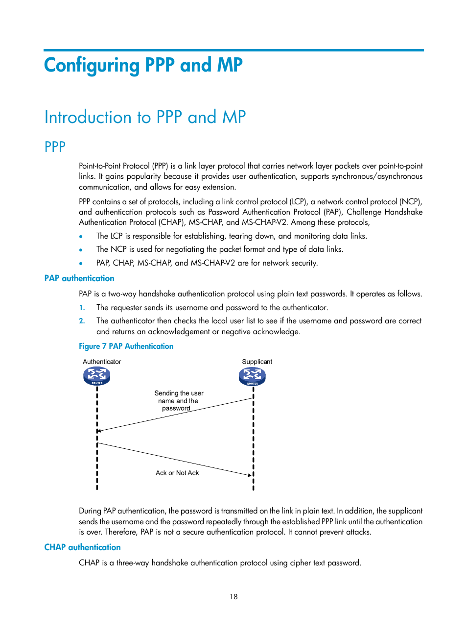 Configuring ppp and mp, Introduction to ppp and mp, Pap authentication | Chap authentication | H3C Technologies H3C SR8800 User Manual | Page 26 / 78