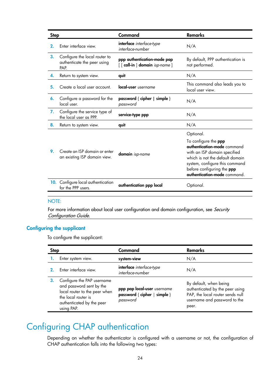 Configuring the supplicant, Configuring chap authentication, Configuring chap | Authentication | H3C Technologies H3C SR8800 User Manual | Page 32 / 78