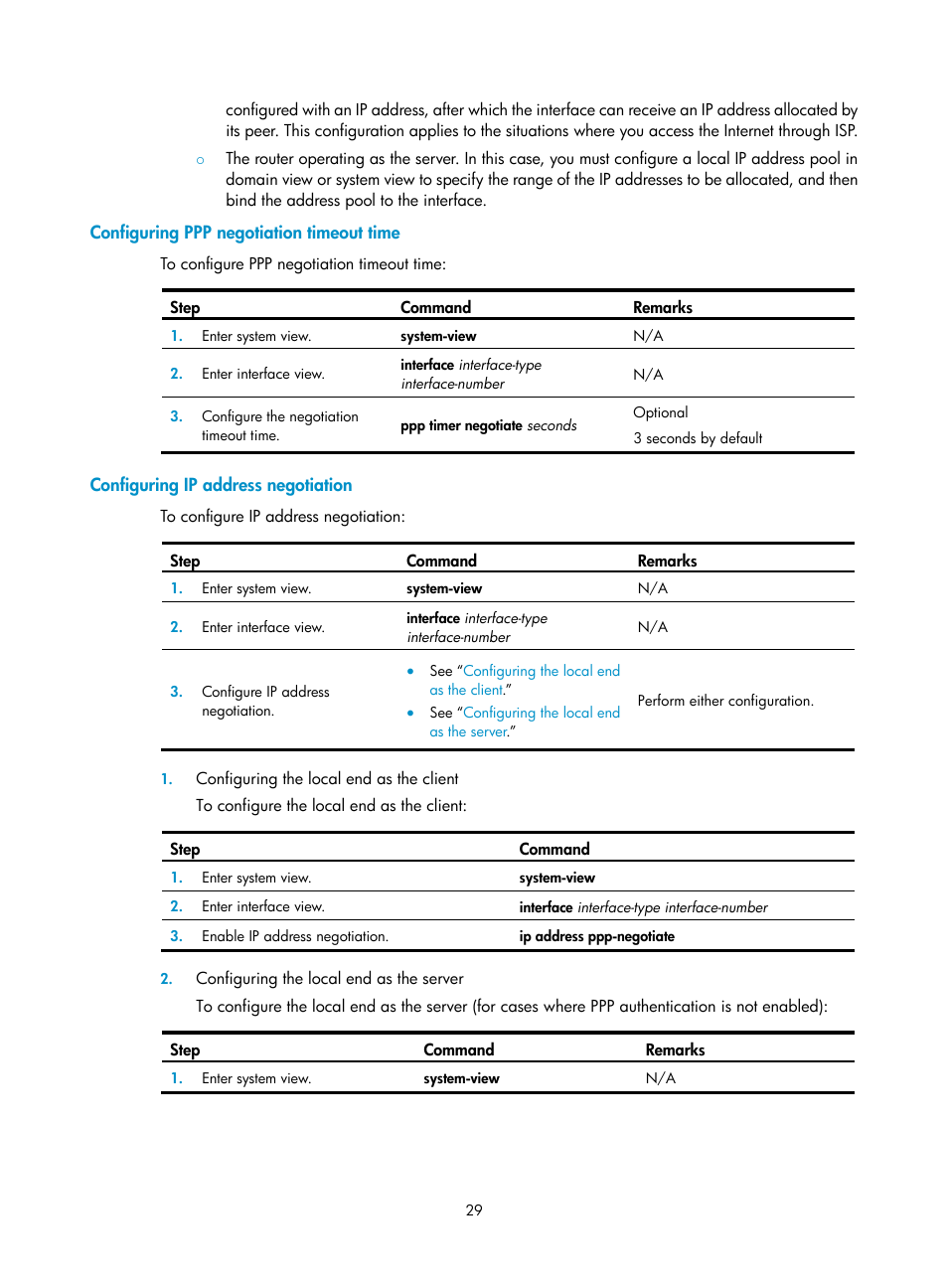 Configuring ppp negotiation timeout time, Configuring ip address negotiation | H3C Technologies H3C SR8800 User Manual | Page 37 / 78