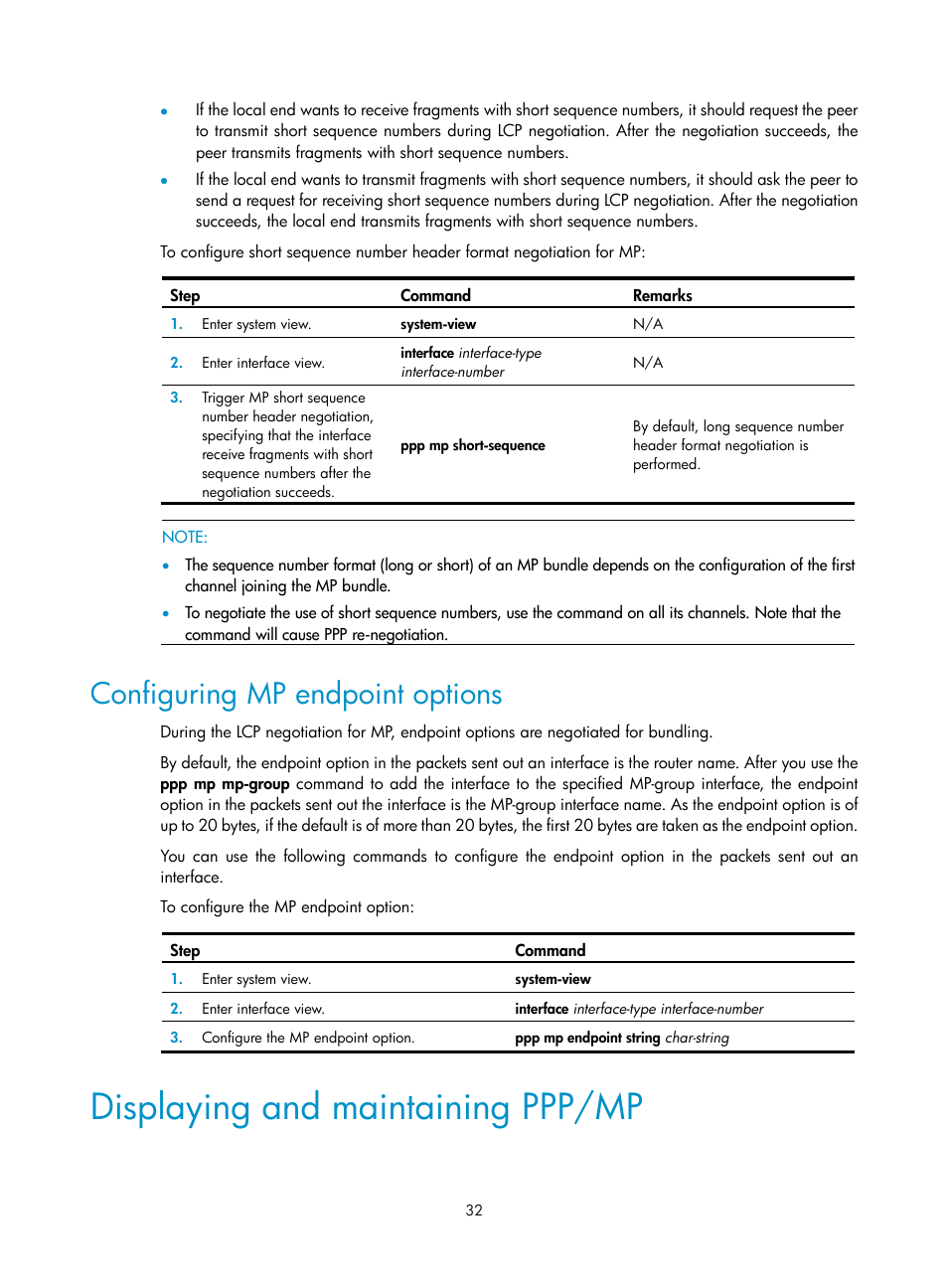 Configuring mp endpoint options, Displaying and maintaining ppp/mp | H3C Technologies H3C SR8800 User Manual | Page 40 / 78