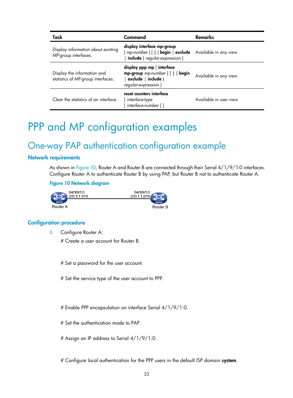 Ppp and mp configuration examples, One-way pap authentication configuration example, Network requirements | Configuration procedure | H3C Technologies H3C SR8800 User Manual | Page 41 / 78