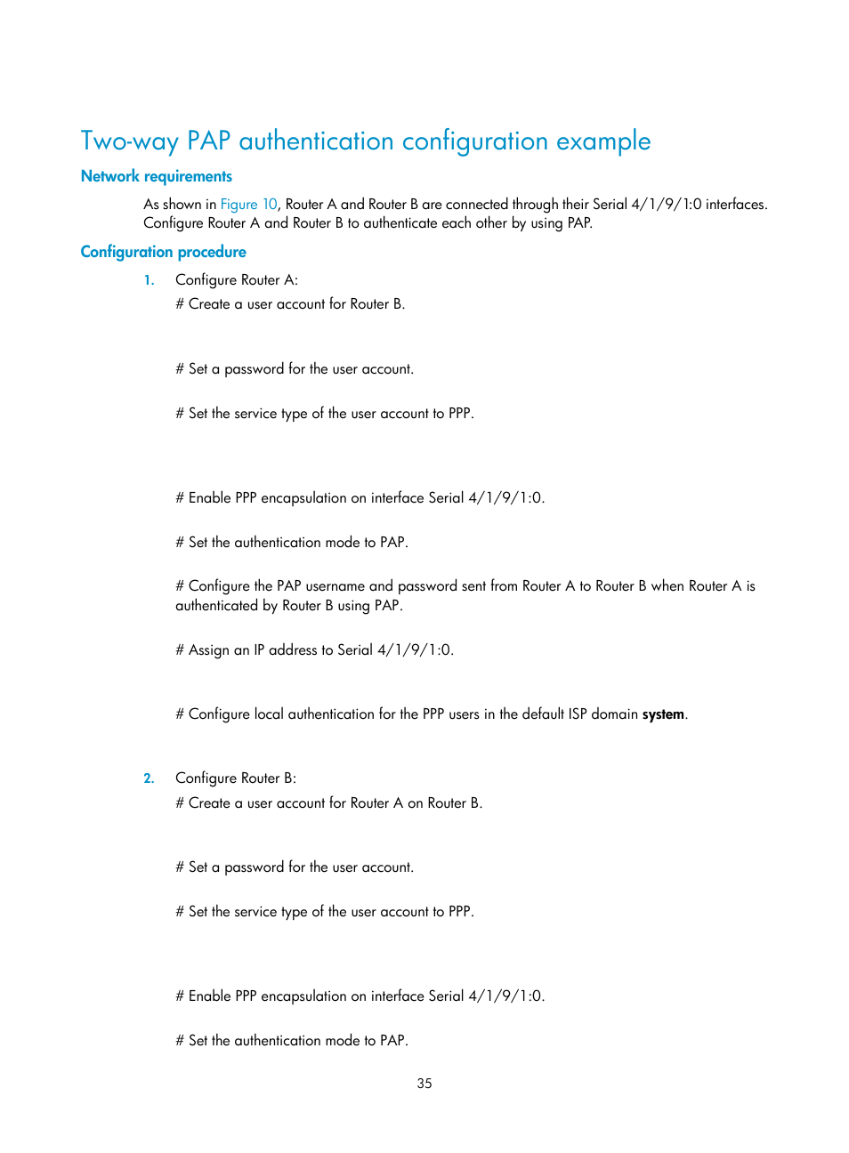 Two-way pap authentication configuration example, Network requirements, Configuration procedure | H3C Technologies H3C SR8800 User Manual | Page 43 / 78