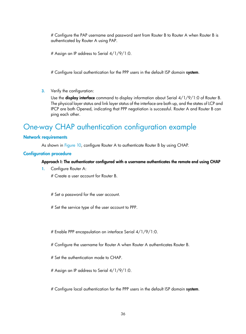 One-way chap authentication configuration example, Network requirements, Configuration procedure | H3C Technologies H3C SR8800 User Manual | Page 44 / 78