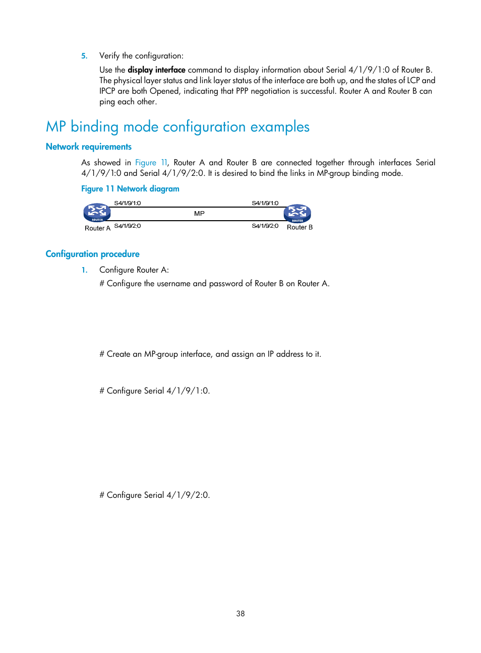 Mp binding mode configuration examples, Network requirements, Configuration procedure | H3C Technologies H3C SR8800 User Manual | Page 46 / 78