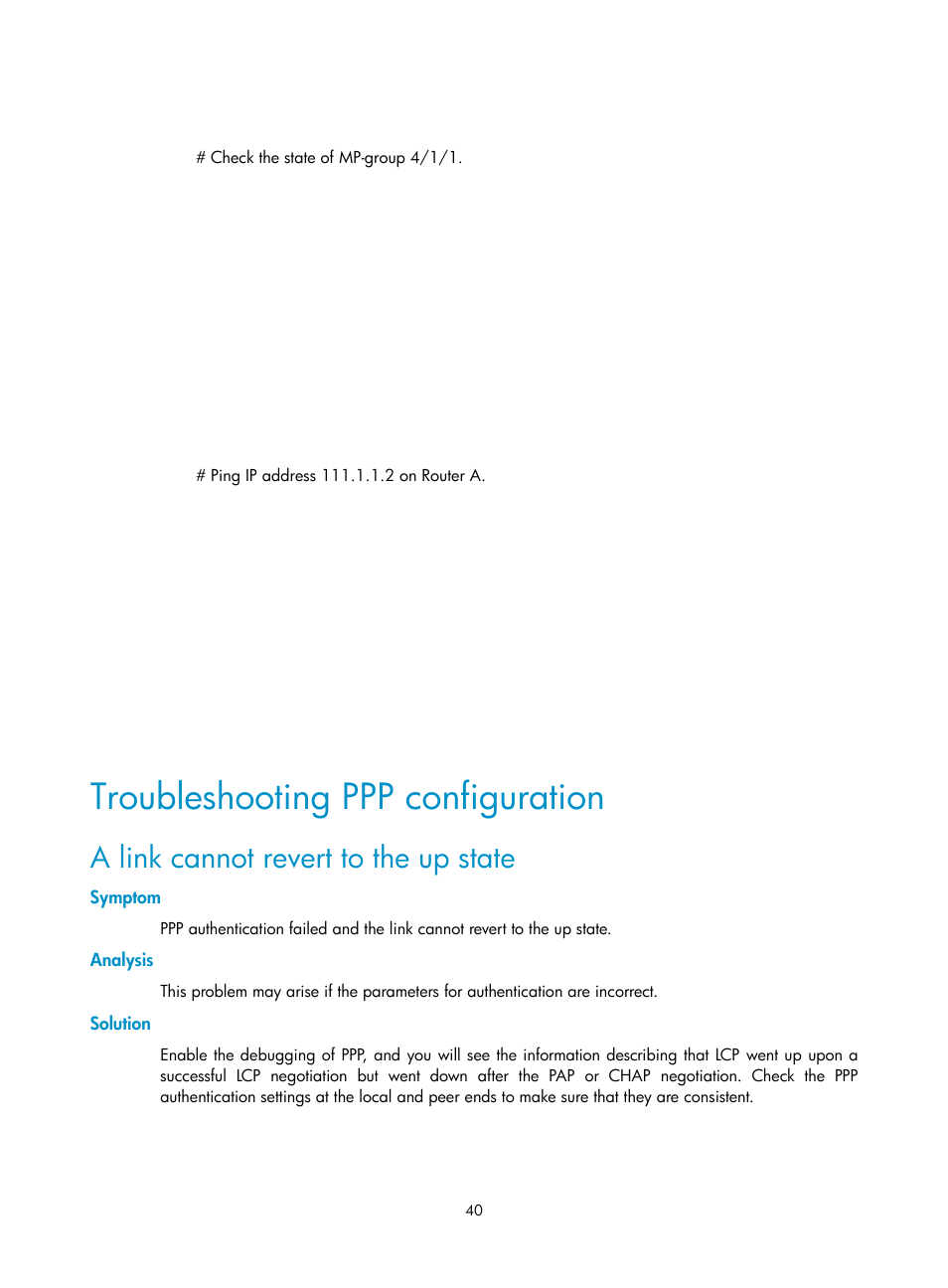 Troubleshooting ppp configuration, A link cannot revert to the up state, Symptom | Analysis, Solution | H3C Technologies H3C SR8800 User Manual | Page 48 / 78