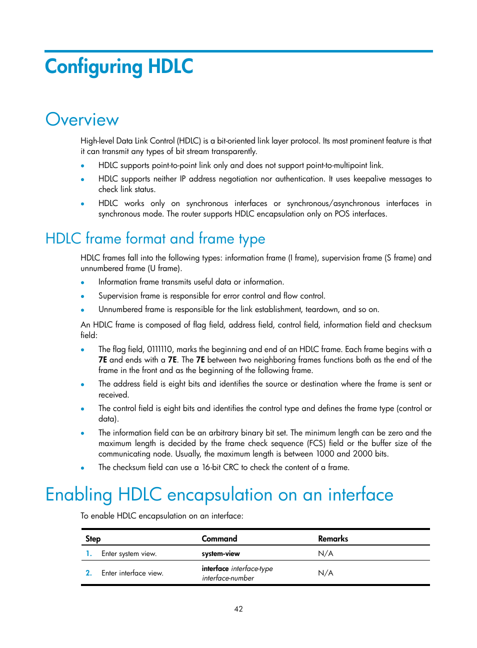 Configuring hdlc, Overview, Hdlc frame format and frame type | Enabling hdlc encapsulation on an interface | H3C Technologies H3C SR8800 User Manual | Page 50 / 78