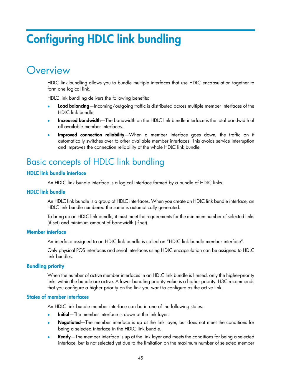 Configuring hdlc link bundling, Overview, Basic concepts of hdlc link bundling | Hdlc link bundle interface, Hdlc link bundle, Member interface, Bundling priority, States of member interfaces | H3C Technologies H3C SR8800 User Manual | Page 53 / 78