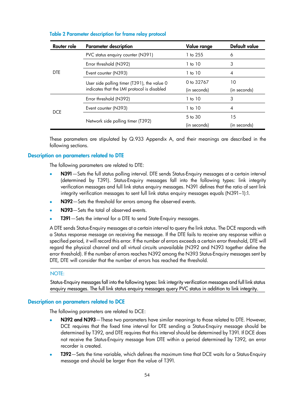 Description on parameters related to dte, Description on parameters related to dce | H3C Technologies H3C SR8800 User Manual | Page 62 / 78