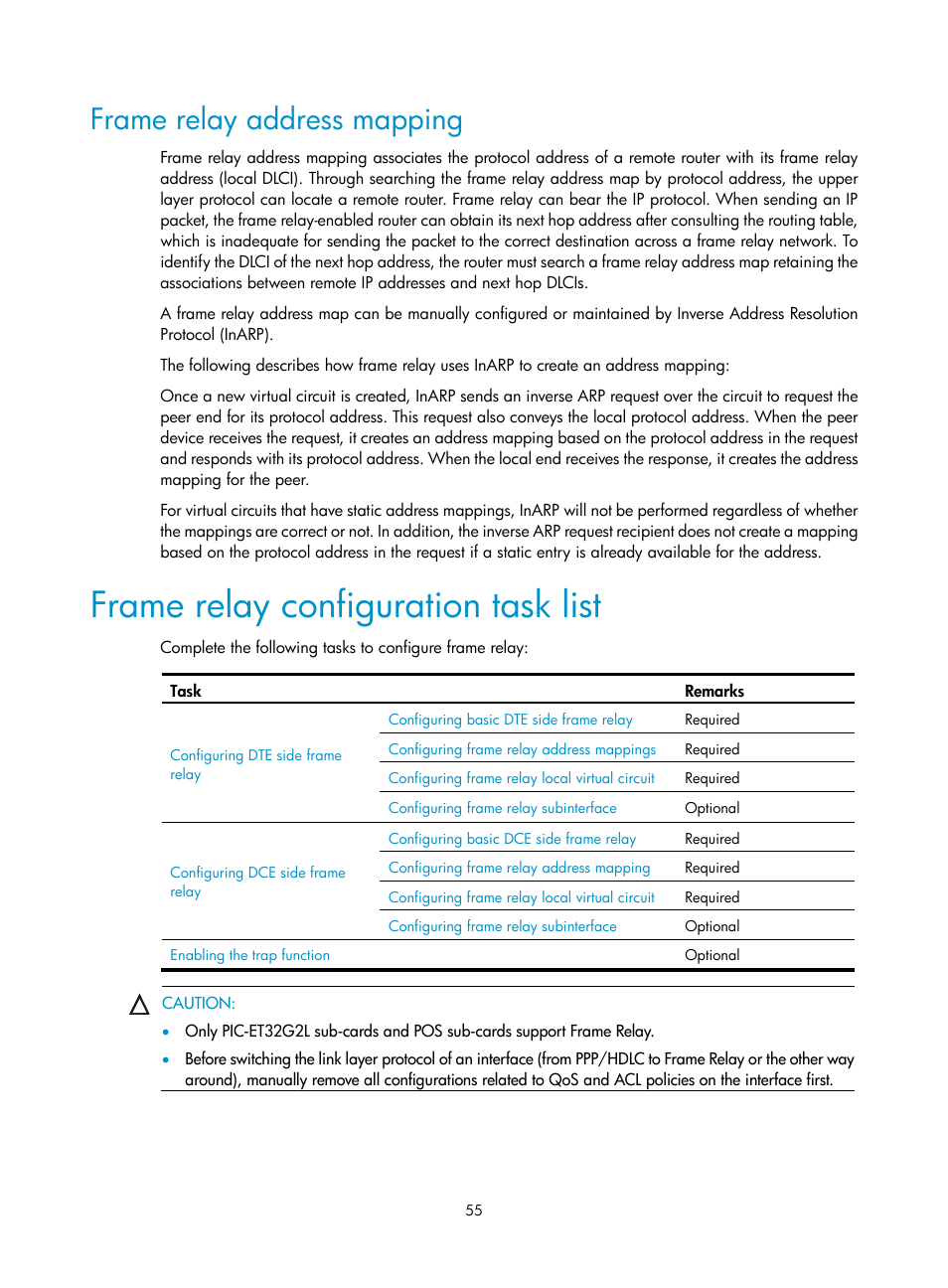 Frame relay address mapping, Frame relay configuration task list | H3C Technologies H3C SR8800 User Manual | Page 63 / 78