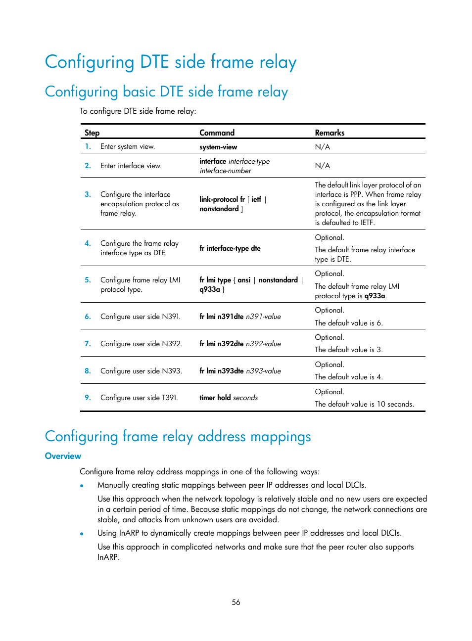 Configuring dte side frame relay, Configuring basic dte side frame relay, Configuring frame relay address mappings | Overview | H3C Technologies H3C SR8800 User Manual | Page 64 / 78