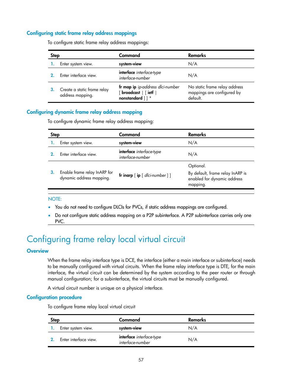 Configuring static frame relay address mappings, Configuring dynamic frame relay address mapping, Configuring frame relay local virtual circuit | Overview, Configuration procedure | H3C Technologies H3C SR8800 User Manual | Page 65 / 78