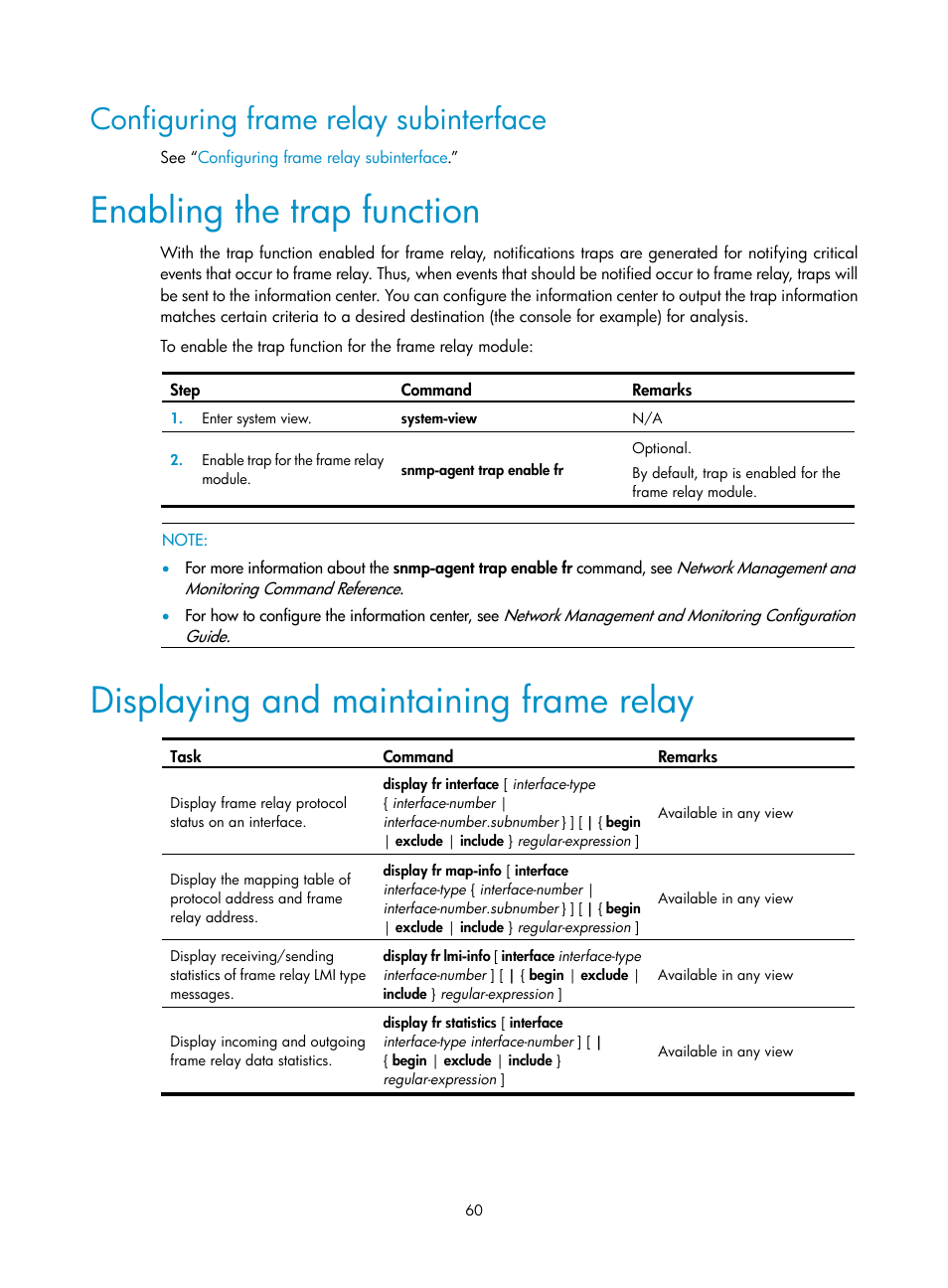 Configuring frame relay subinterface, Enabling the trap function, Displaying and maintaining frame relay | H3C Technologies H3C SR8800 User Manual | Page 68 / 78