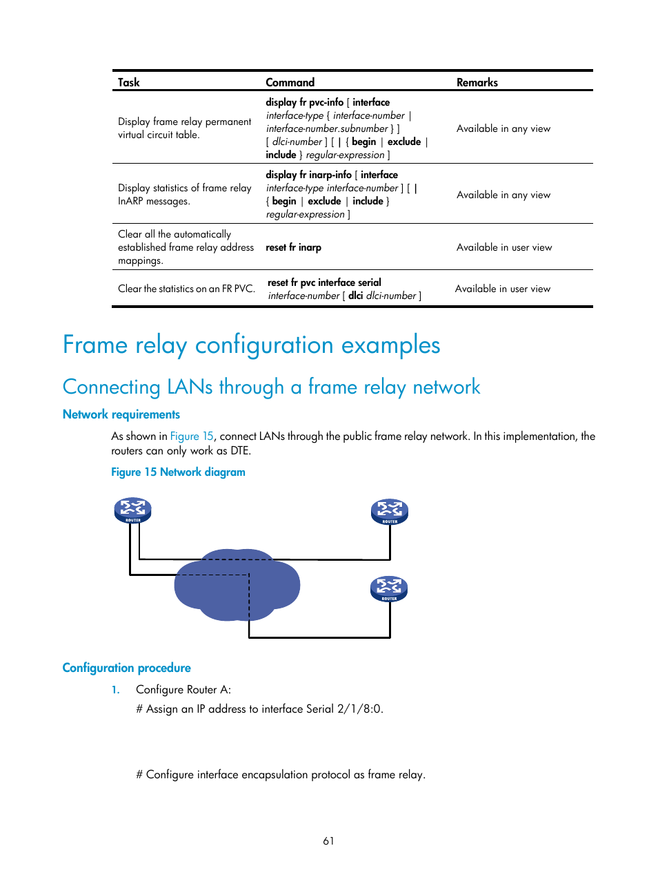 Frame relay configuration examples, Connecting lans through a frame relay network, Network requirements | Configuration procedure | H3C Technologies H3C SR8800 User Manual | Page 69 / 78