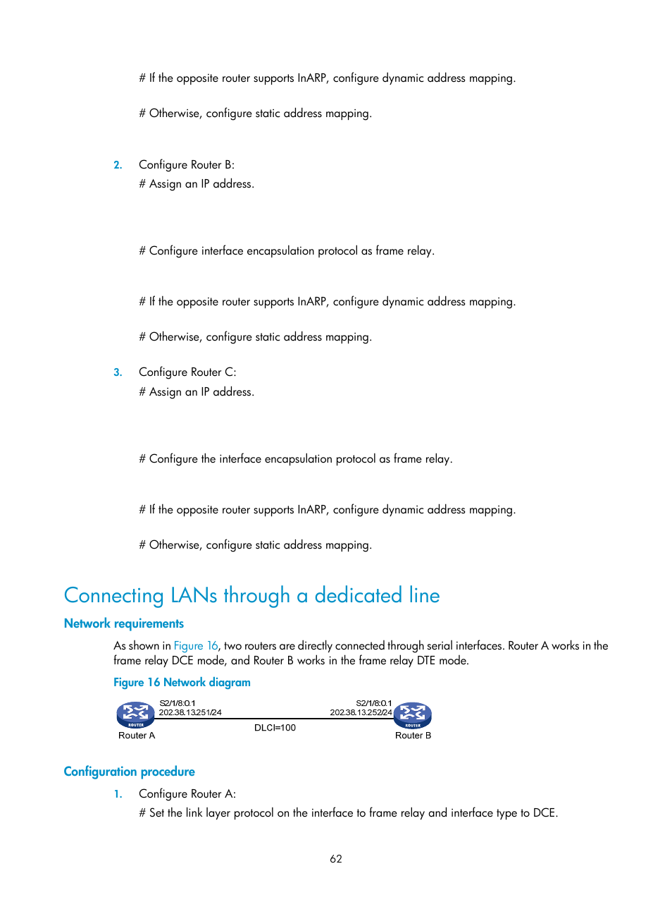 Connecting lans through a dedicated line, Network requirements, Configuration procedure | H3C Technologies H3C SR8800 User Manual | Page 70 / 78