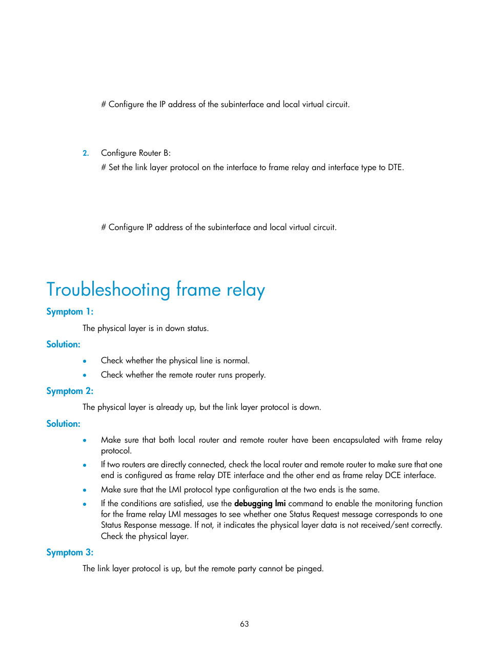 Troubleshooting frame relay, Symptom 1, Solution | Symptom 2, Symptom 3 | H3C Technologies H3C SR8800 User Manual | Page 71 / 78