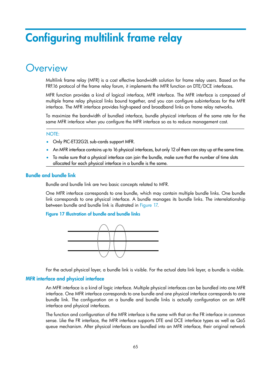 Configuring multilink frame relay, Overview, Bundle and bundle link | Mfr interface and physical interface | H3C Technologies H3C SR8800 User Manual | Page 73 / 78