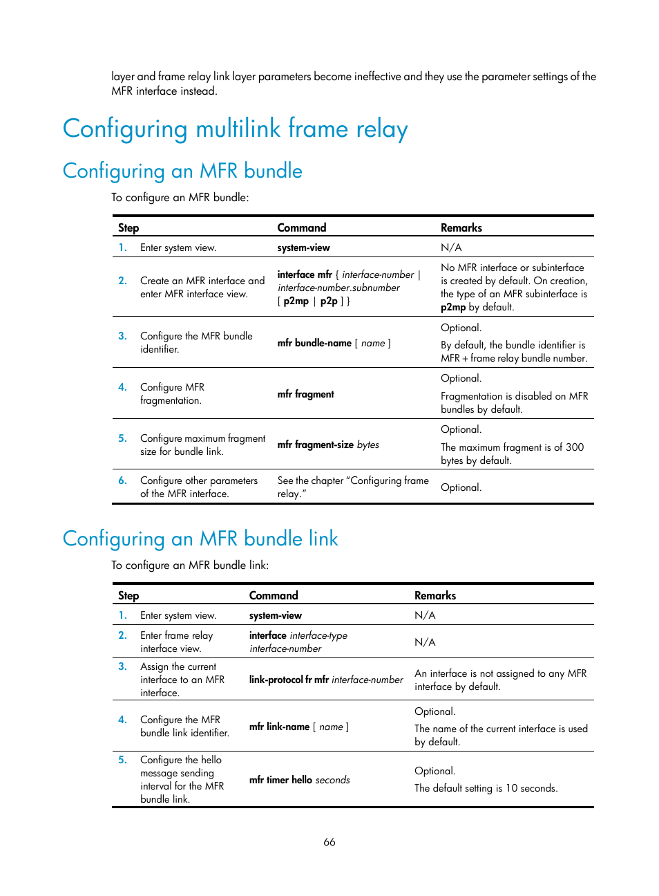 Configuring multilink frame relay, Configuring an mfr bundle, Configuring an mfr bundle link | H3C Technologies H3C SR8800 User Manual | Page 74 / 78