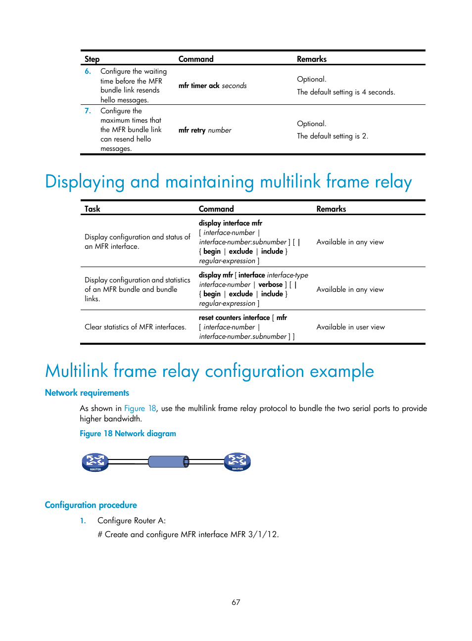 Displaying and maintaining multilink frame relay, Multilink frame relay configuration example, Network requirements | Configuration procedure | H3C Technologies H3C SR8800 User Manual | Page 75 / 78