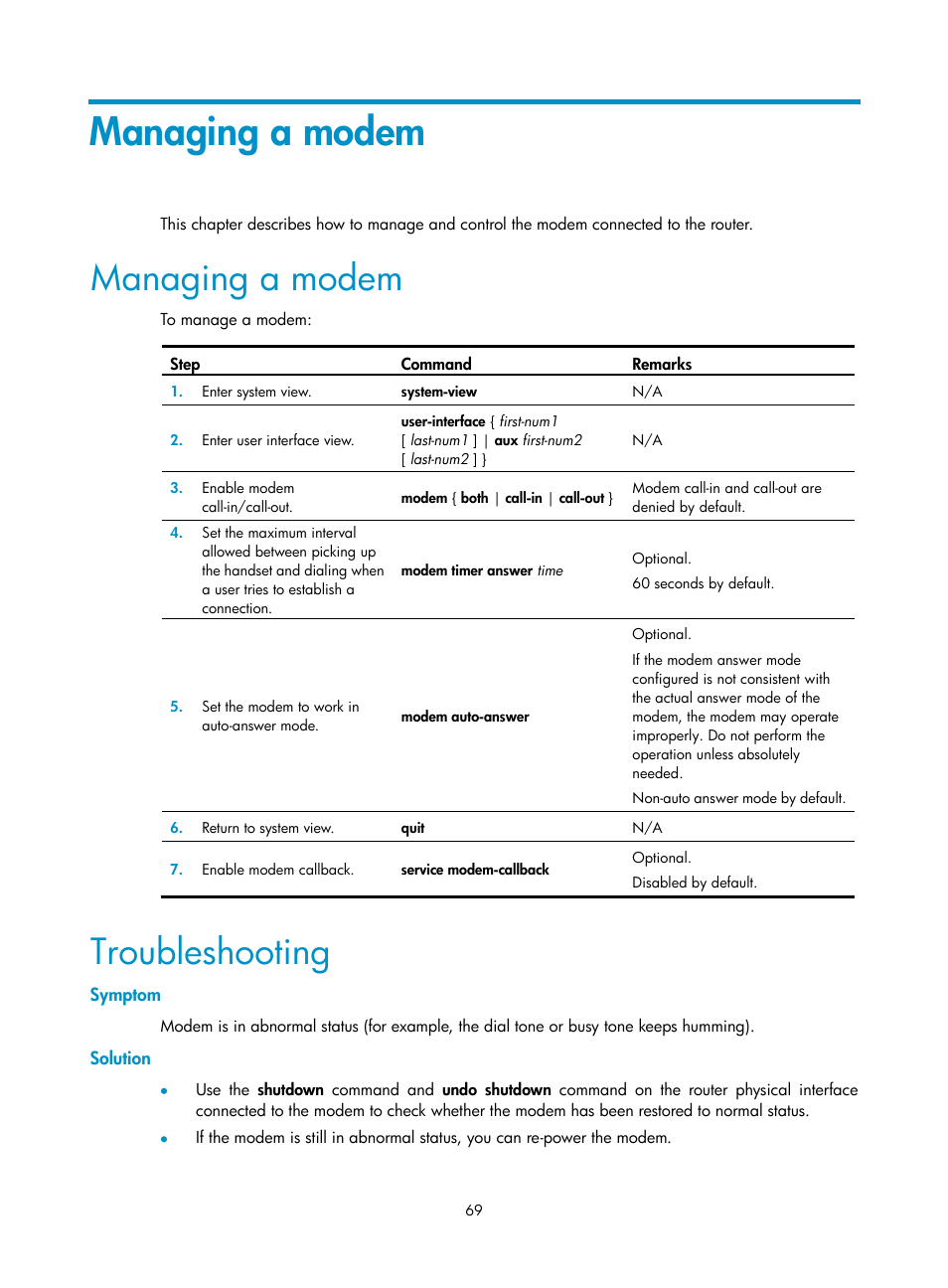 Managing a modem, Troubleshooting, Symptom | Solution | H3C Technologies H3C SR8800 User Manual | Page 77 / 78