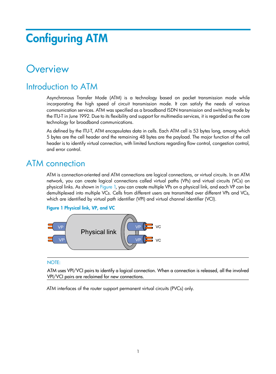 Configuring atm, Overview, Introduction to atm | Atm connection | H3C Technologies H3C SR8800 User Manual | Page 9 / 78