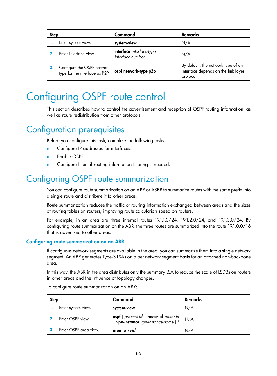 Configuring ospf route control, Configuration prerequisites, Configuring ospf route summarization | Configuring route summarization on an abr | H3C Technologies H3C SR8800 User Manual | Page 102 / 431