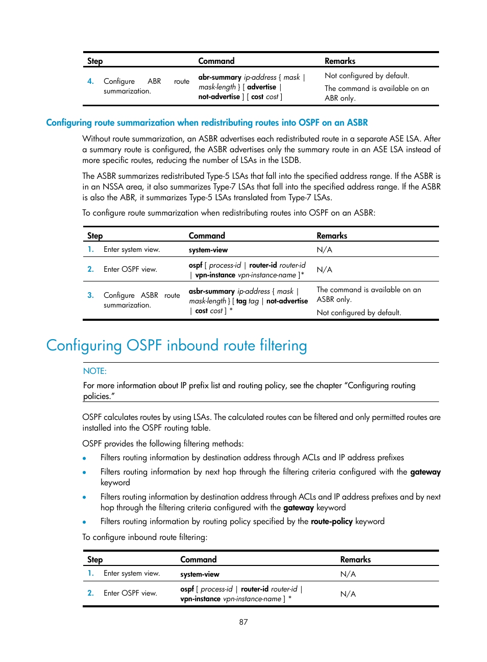 Configuring ospf inbound route filtering | H3C Technologies H3C SR8800 User Manual | Page 103 / 431