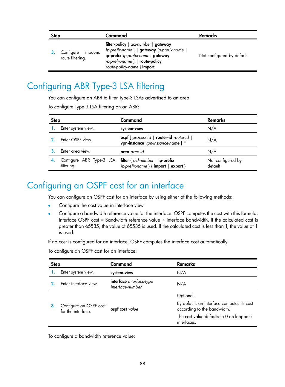 Configuring abr type-3 lsa filtering, Configuring an ospf cost for an interface | H3C Technologies H3C SR8800 User Manual | Page 104 / 431