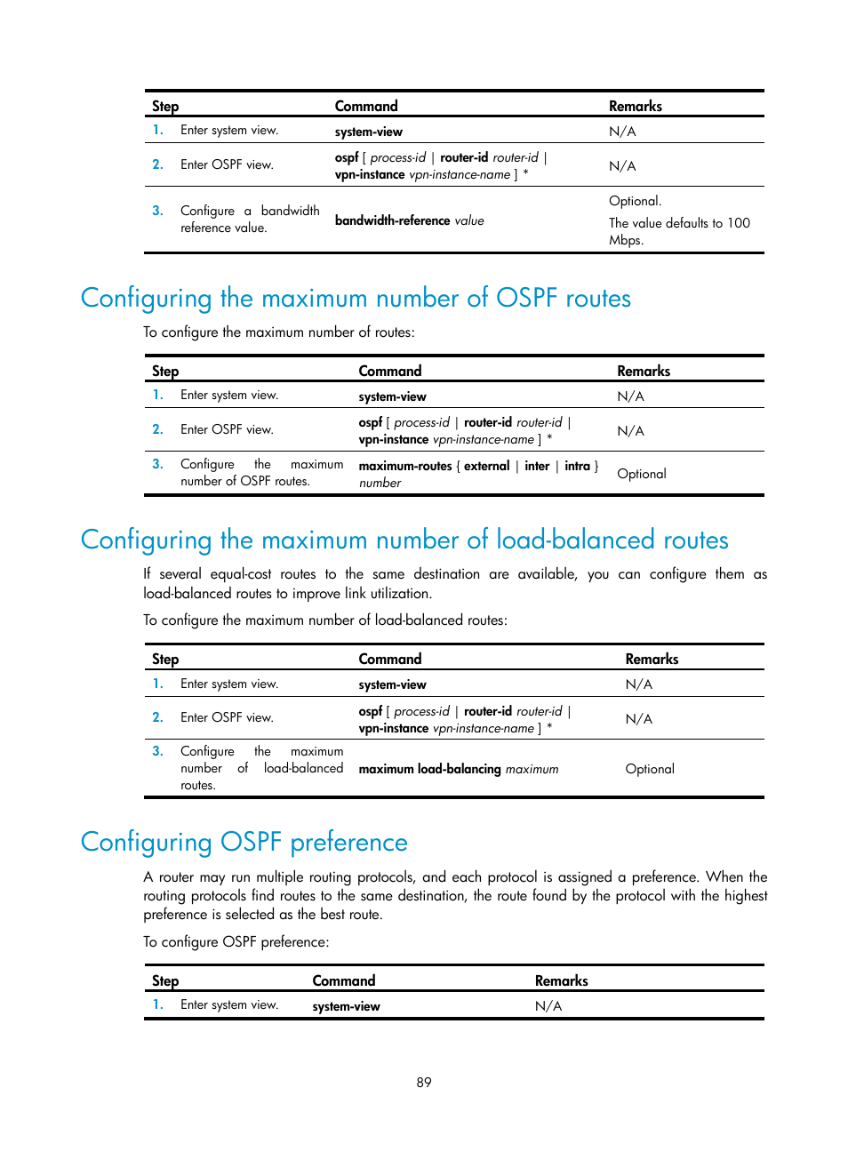 Configuring the maximum number of ospf routes, Configuring ospf preference | H3C Technologies H3C SR8800 User Manual | Page 105 / 431