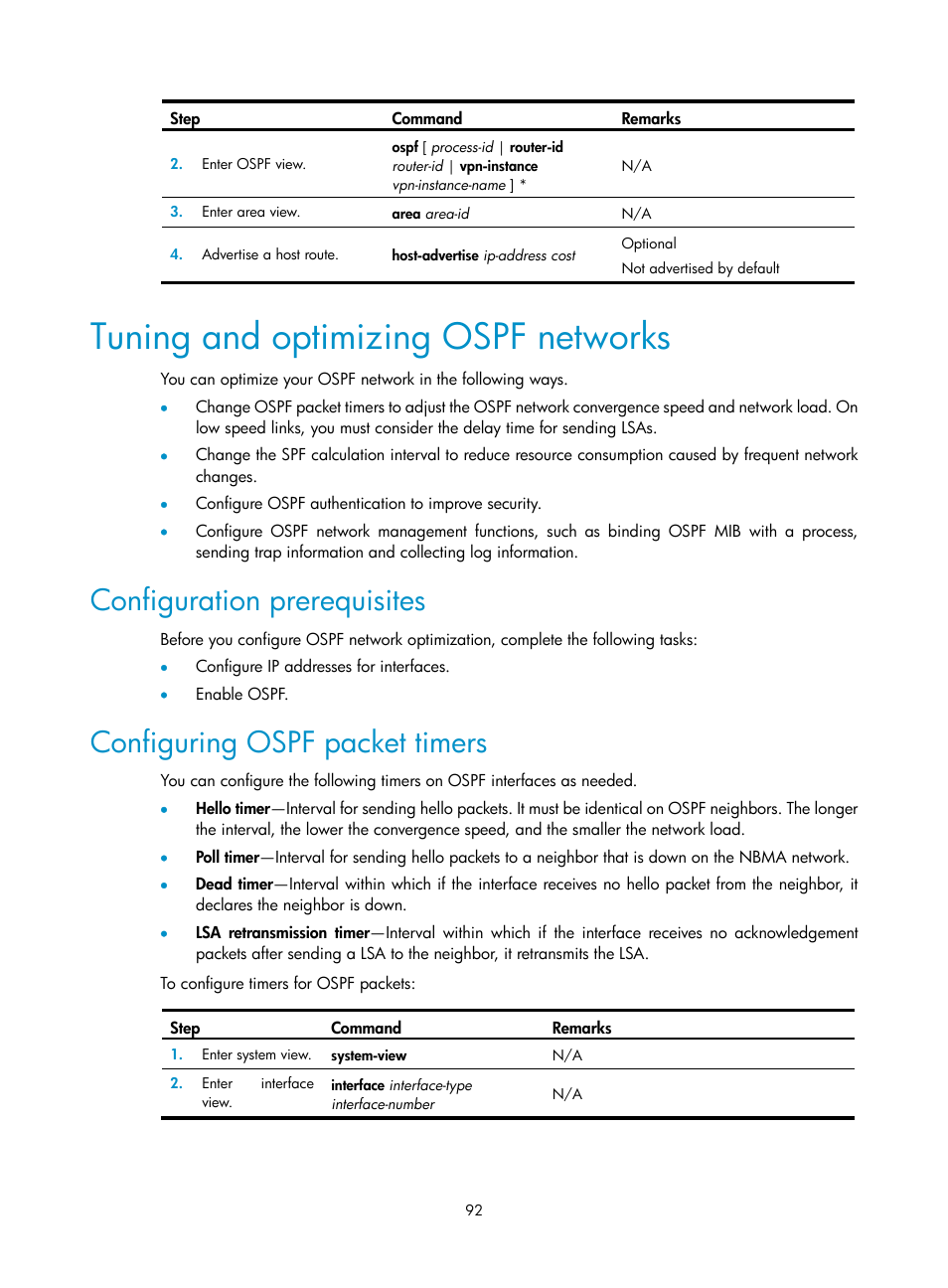 Tuning and optimizing ospf networks, Configuration prerequisites, Configuring ospf packet timers | H3C Technologies H3C SR8800 User Manual | Page 108 / 431