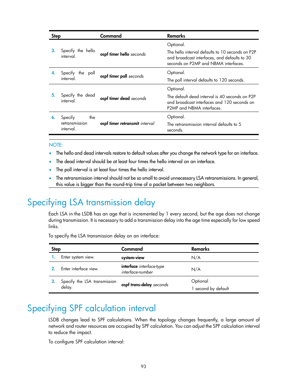 Specifying lsa transmission delay, Specifying spf calculation interval | H3C Technologies H3C SR8800 User Manual | Page 109 / 431