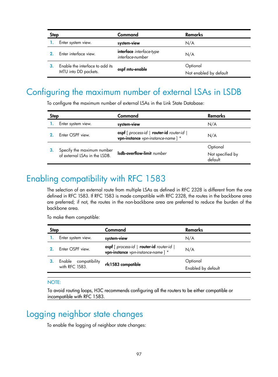 Enabling compatibility with rfc 1583, Logging neighbor state changes | H3C Technologies H3C SR8800 User Manual | Page 113 / 431