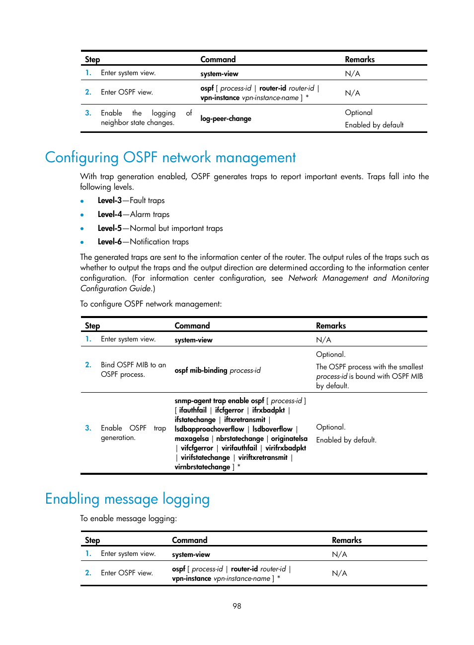 Configuring ospf network management, Enabling message logging | H3C Technologies H3C SR8800 User Manual | Page 114 / 431