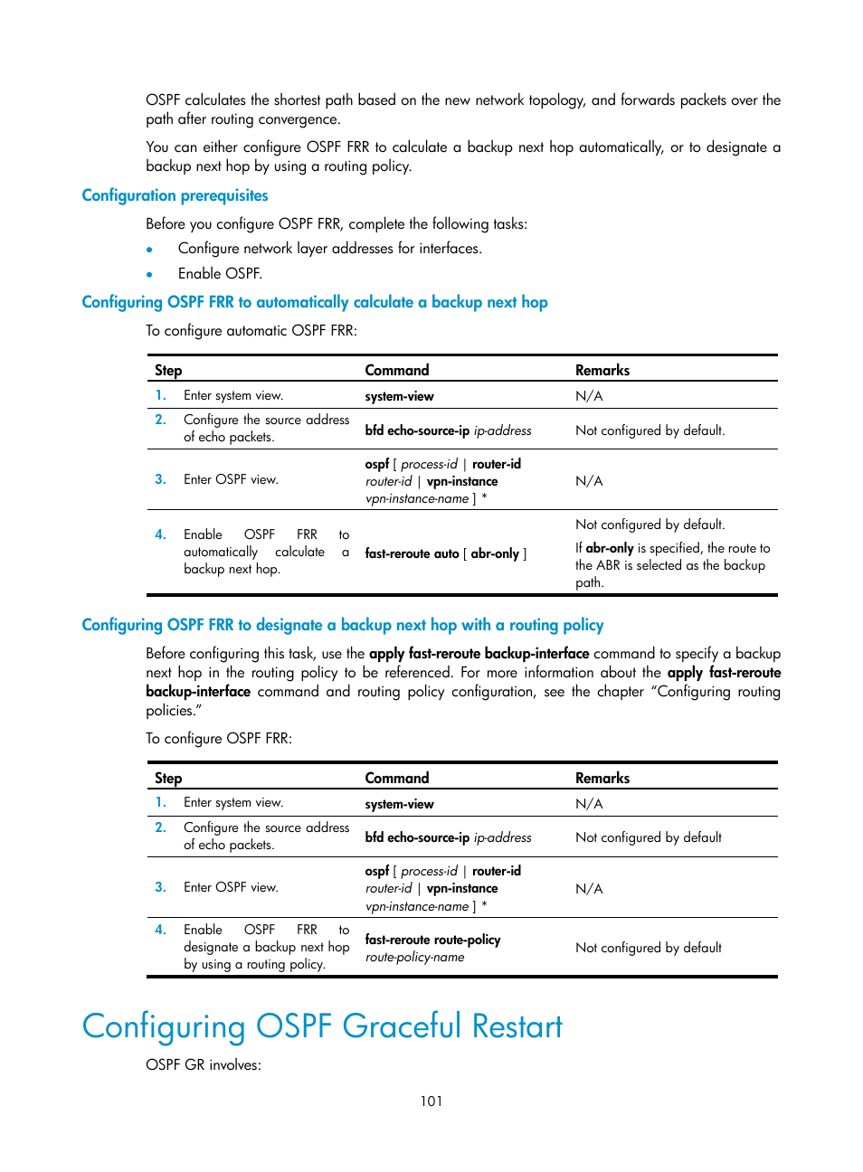 Configuration prerequisites, Configuring ospf graceful restart, Configuring ospf | H3C Technologies H3C SR8800 User Manual | Page 117 / 431