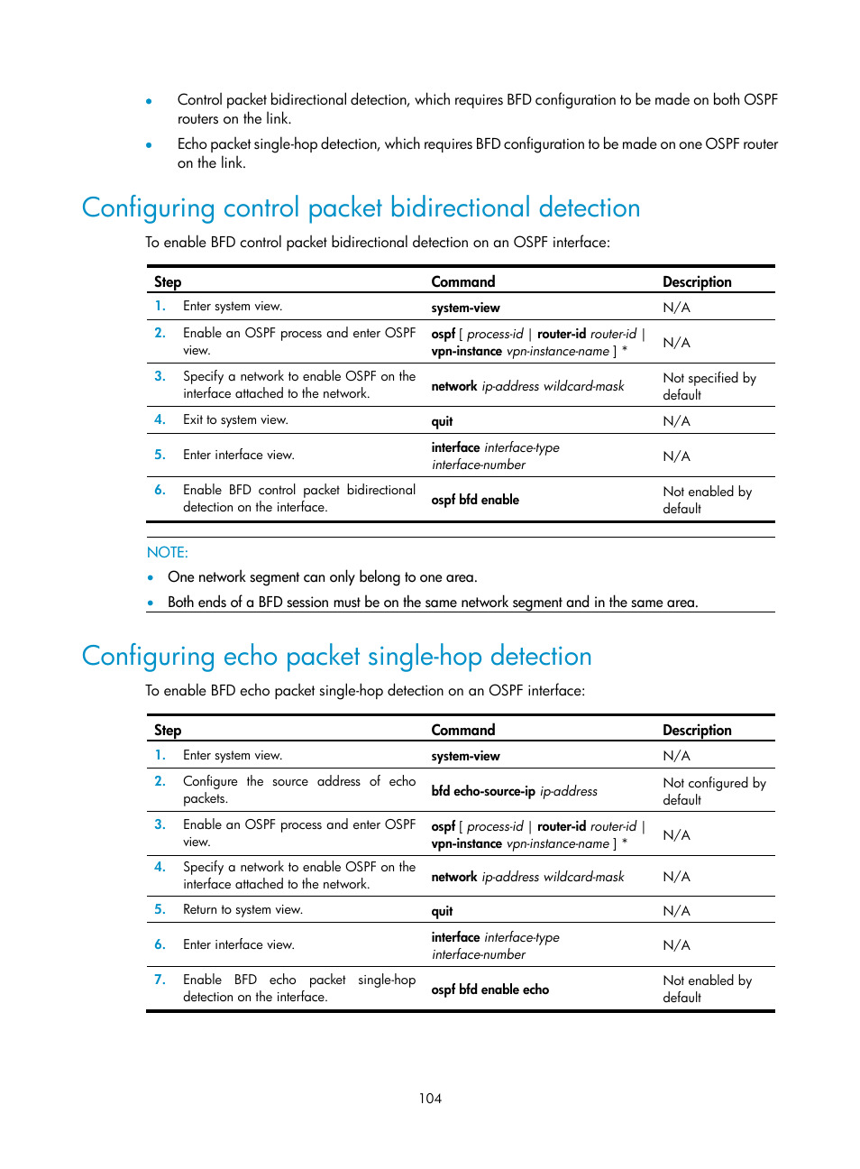 Configuring control packet bidirectional detection, Configuring echo packet single-hop detection | H3C Technologies H3C SR8800 User Manual | Page 120 / 431