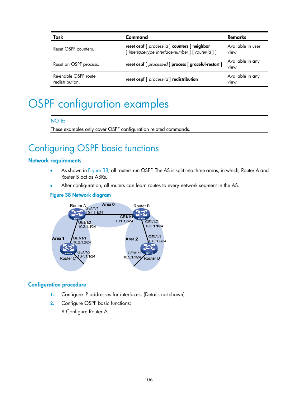 Ospf configuration examples, Configuring ospf basic functions, Network requirements | Configuration procedure | H3C Technologies H3C SR8800 User Manual | Page 122 / 431