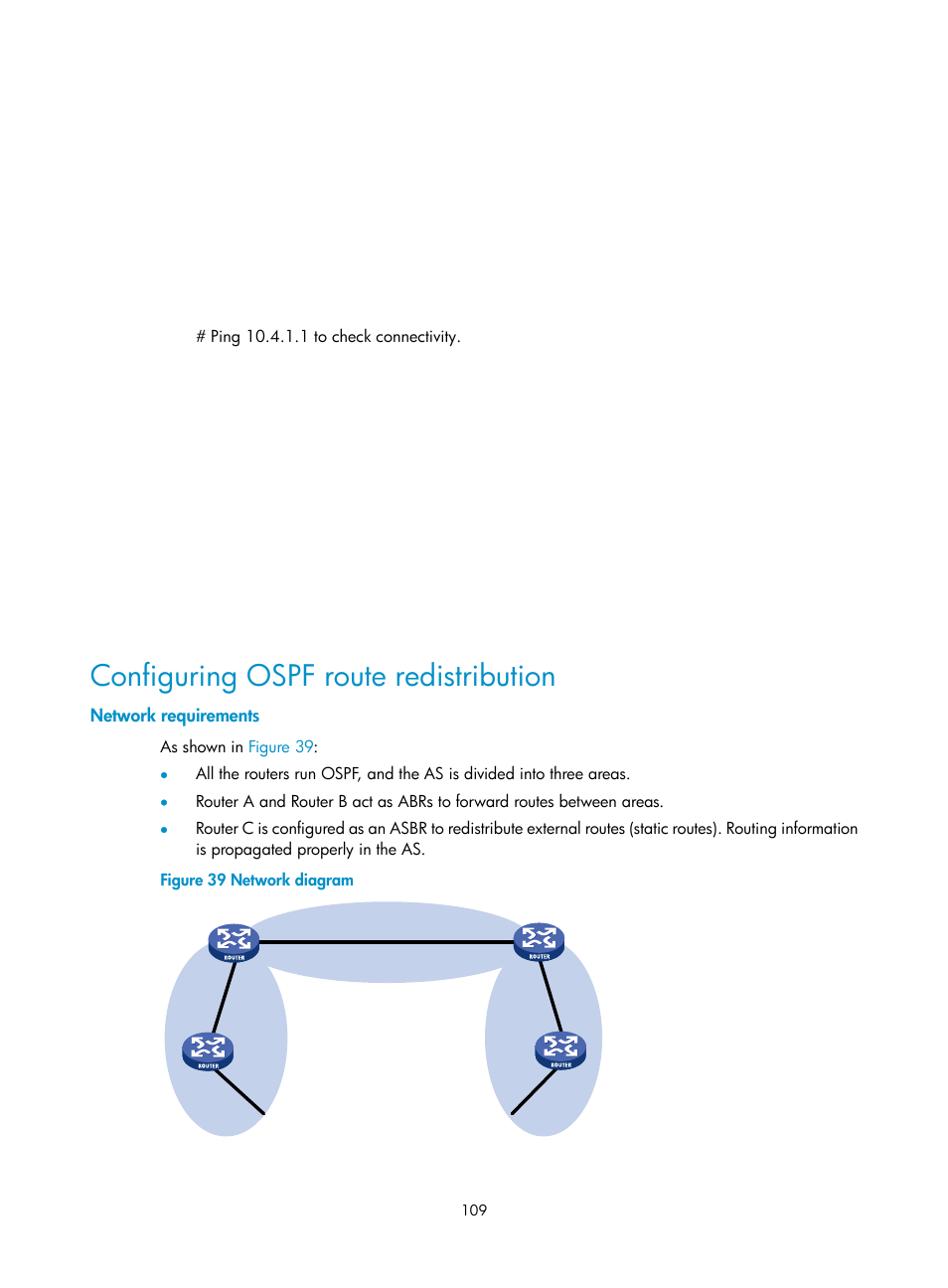 Configuring ospf route redistribution, Network requirements | H3C Technologies H3C SR8800 User Manual | Page 125 / 431