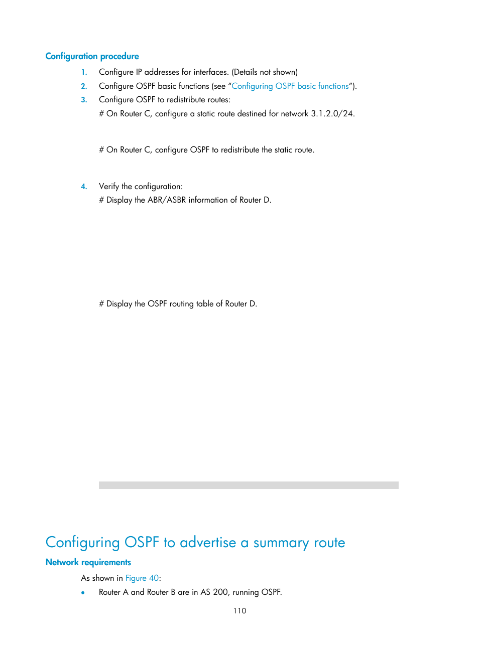 Configuration procedure, Configuring ospf to advertise a summary route, Network requirements | H3C Technologies H3C SR8800 User Manual | Page 126 / 431