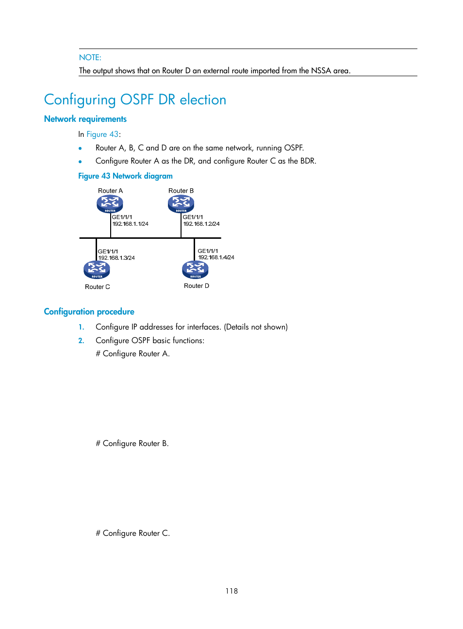 Configuring ospf dr election, Network requirements, Configuration procedure | H3C Technologies H3C SR8800 User Manual | Page 134 / 431