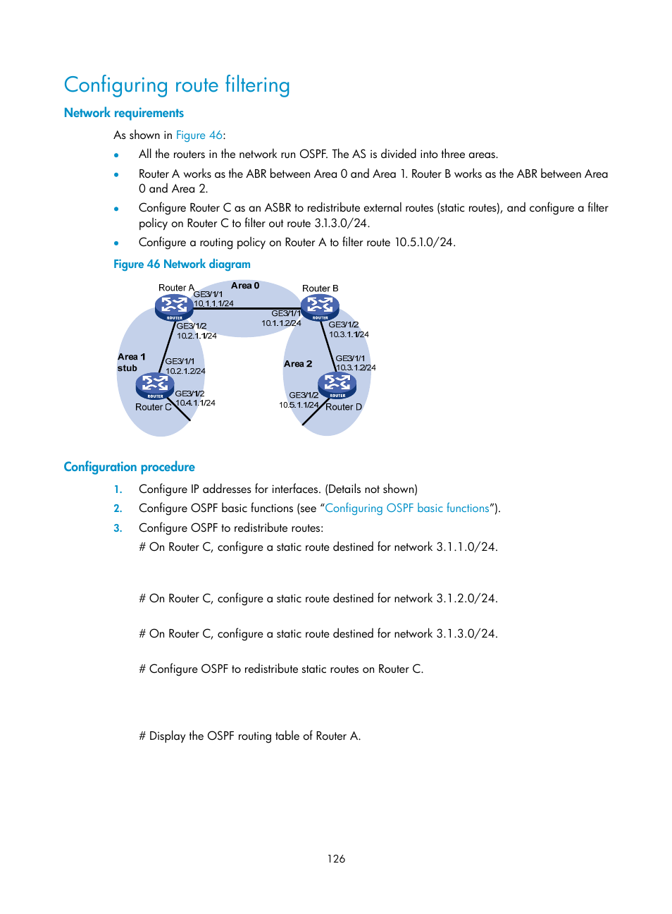 Configuring route filtering, Network requirements, Configuration procedure | H3C Technologies H3C SR8800 User Manual | Page 142 / 431