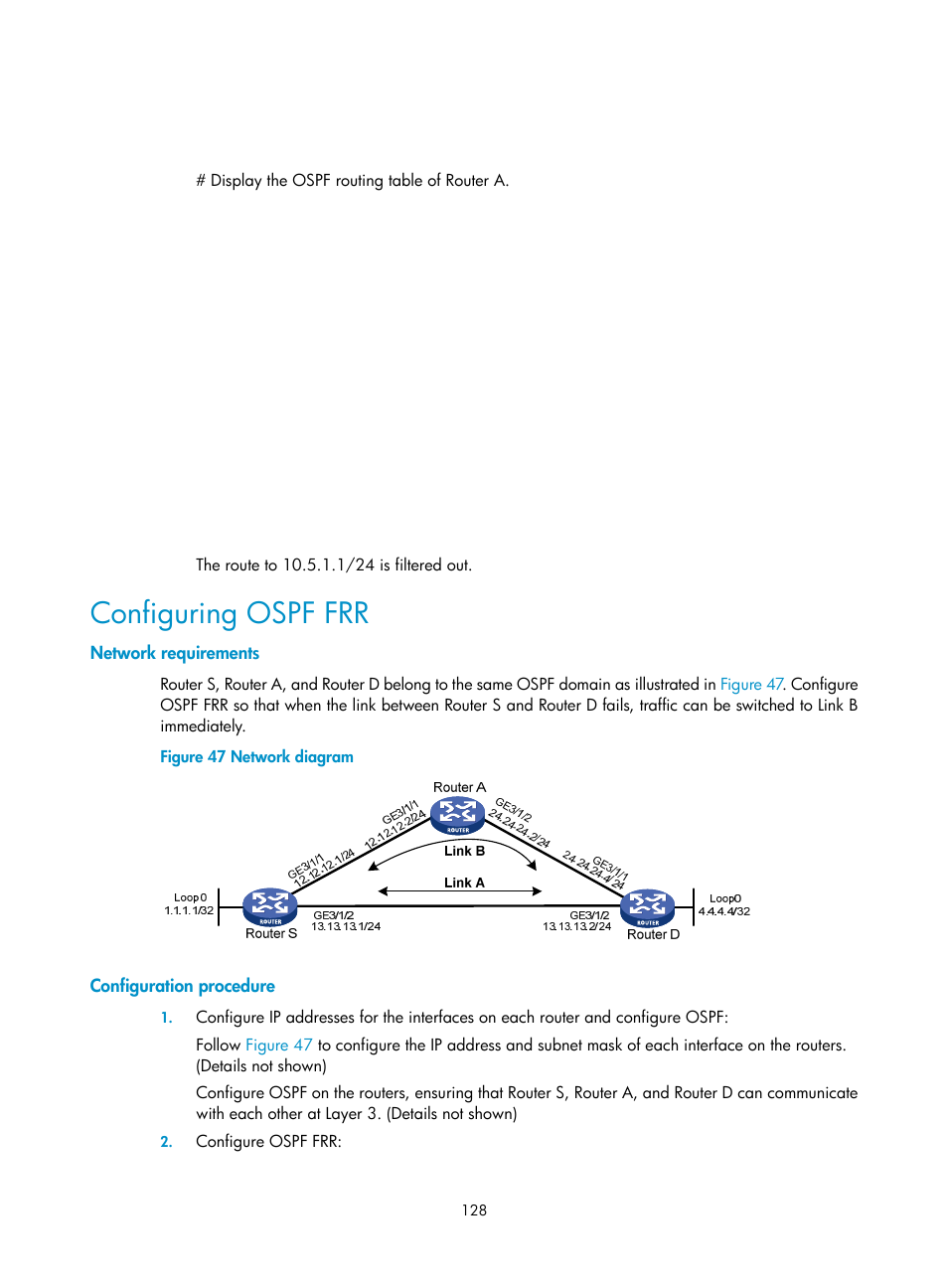 Configuring ospf frr, Network requirements, Configuration procedure | H3C Technologies H3C SR8800 User Manual | Page 144 / 431