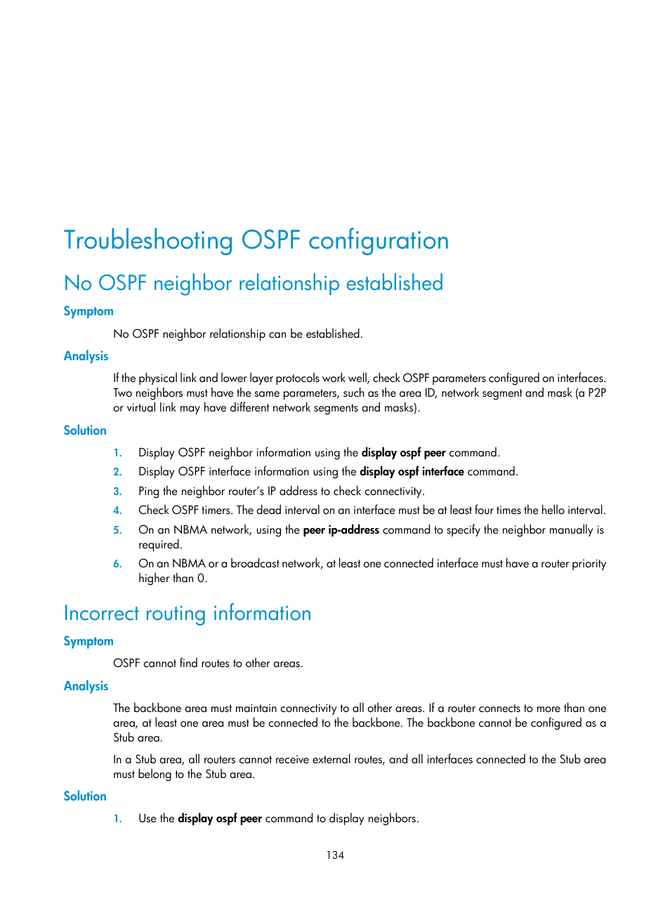 Troubleshooting ospf configuration, No ospf neighbor relationship established, Symptom | Analysis, Solution, Incorrect routing information | H3C Technologies H3C SR8800 User Manual | Page 150 / 431