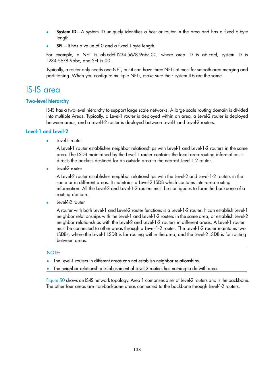 Is-is area, Two-level hierarchy, Level-1 and level-2 | H3C Technologies H3C SR8800 User Manual | Page 154 / 431