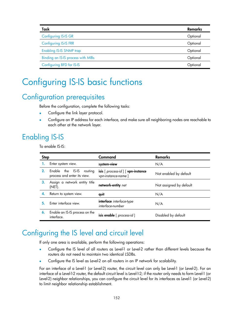 Configuring is-is basic functions, Configuration prerequisites, Enabling is-is | Configuring the is level and circuit level | H3C Technologies H3C SR8800 User Manual | Page 168 / 431