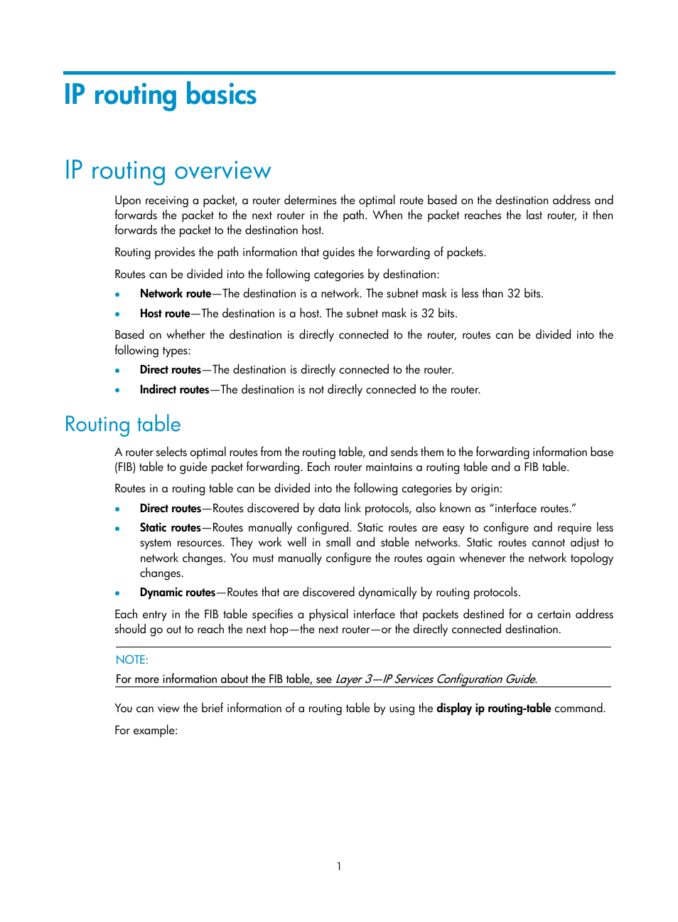 Ip routing basics, Ip routing overview, Routing table | H3C Technologies H3C SR8800 User Manual | Page 17 / 431