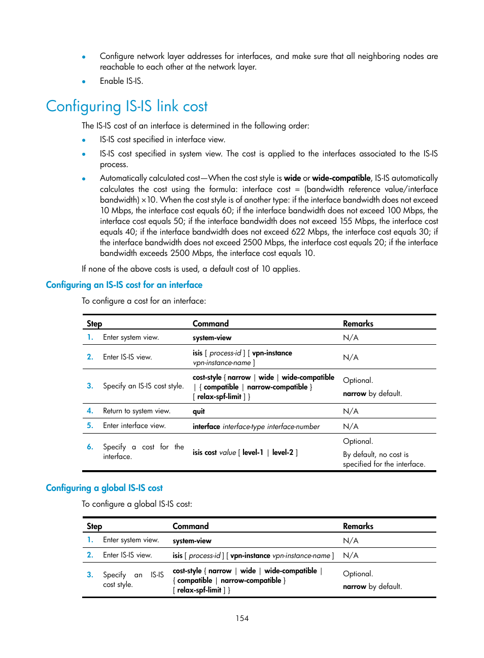 Configuring is-is link cost, Configuring an is-is cost for an interface, Configuring a global is-is cost | H3C Technologies H3C SR8800 User Manual | Page 170 / 431