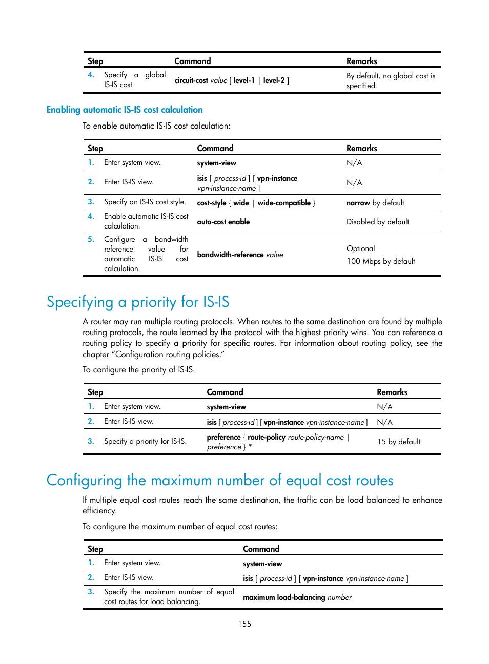 Enabling automatic is-is cost calculation, Specifying a priority for is-is | H3C Technologies H3C SR8800 User Manual | Page 171 / 431