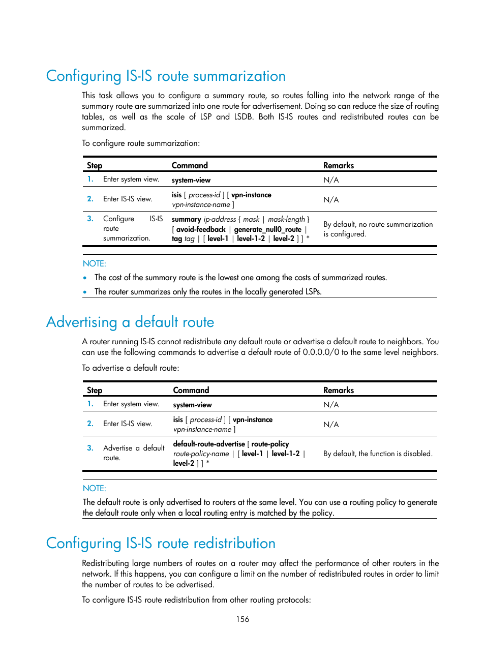 Configuring is-is route summarization, Advertising a default route, Configuring is-is route redistribution | H3C Technologies H3C SR8800 User Manual | Page 172 / 431