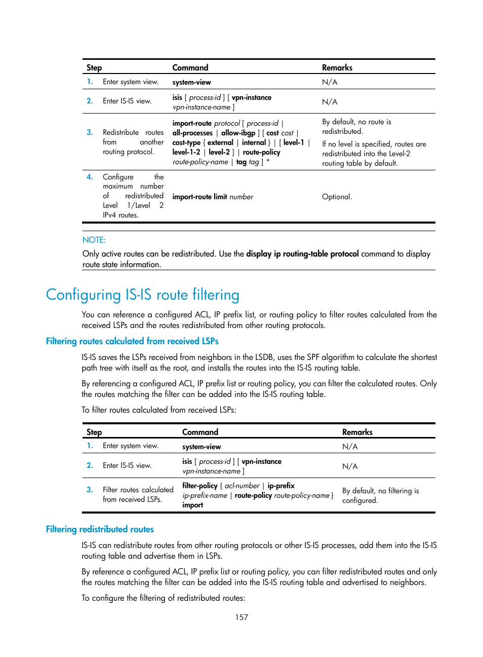 Configuring is-is route filtering, Filtering routes calculated from received lsps, Filtering redistributed routes | H3C Technologies H3C SR8800 User Manual | Page 173 / 431